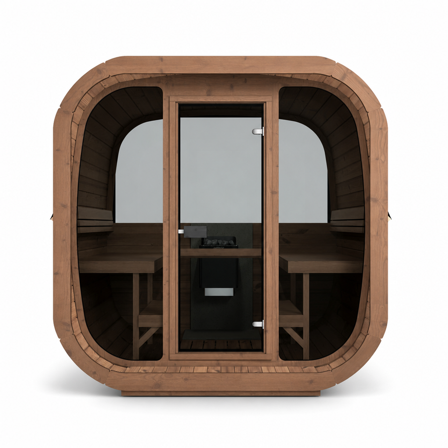 Cube Sauna Icon 220 XL — Wider Thermowood Sauna, Room to Move 2.2m — thermowood — front view 1