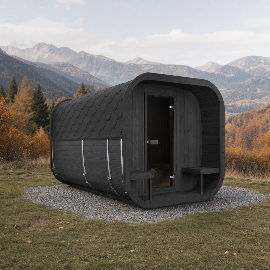 Cube Sauna Icon 385 XL — Largest Spruce Cube Sauna, 3.85m — painted option — lifestyle