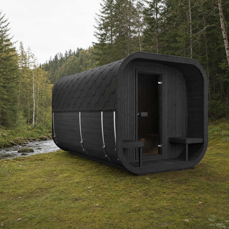 Cube Sauna Icon 385 XL — Largest Spruce Cube Sauna, 3.85m — painted option — lifestyle
