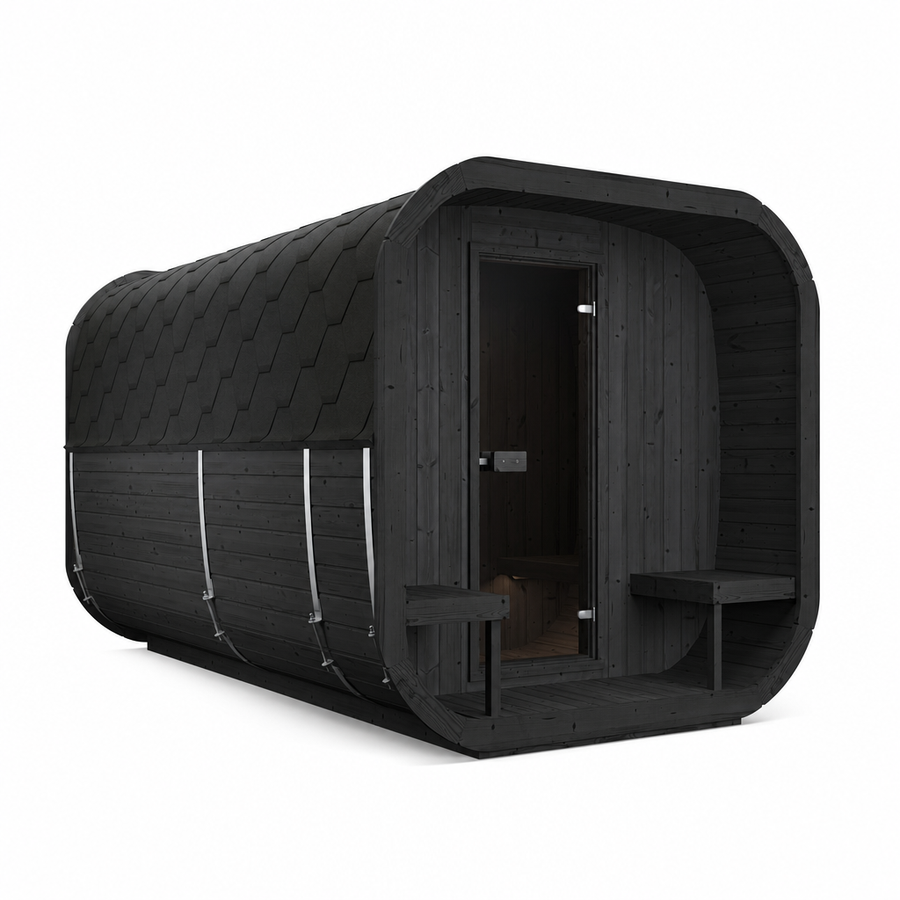 Cube Sauna Icon 385 XL — Largest Spruce Cube Sauna, 3.85m — painted finish option — angle view 1