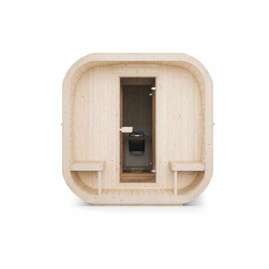 Cube Sauna Icon 385 XL — Largest Spruce Cube Sauna, 3.85m — spruce — front view 1