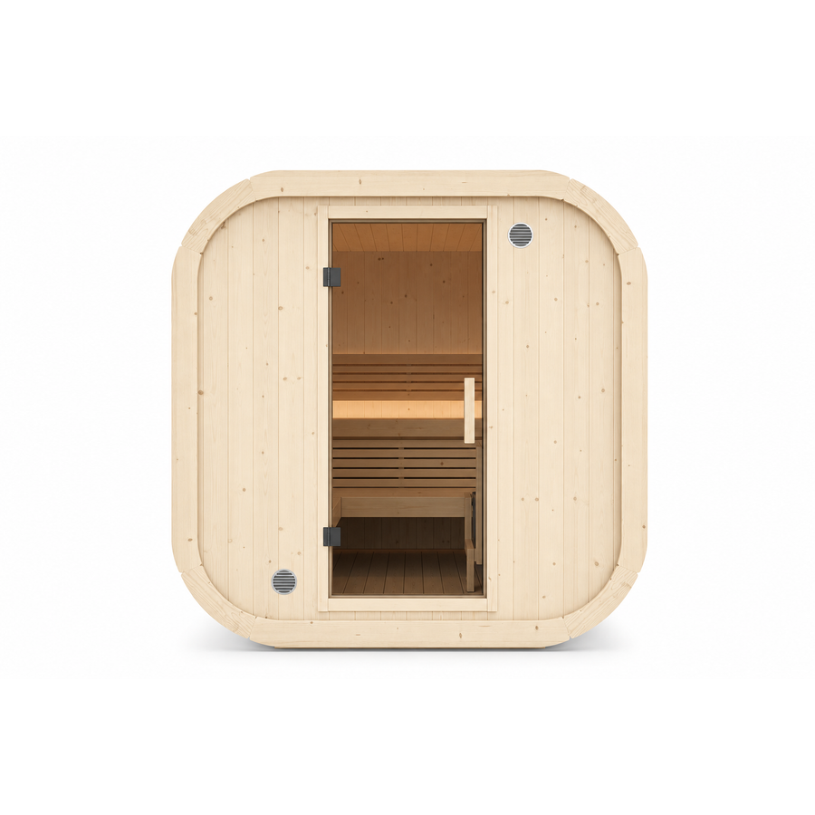 Cube Sauna Icon 385 XL — Largest Spruce Cube Sauna, 3.85m — spruce — front view 2
