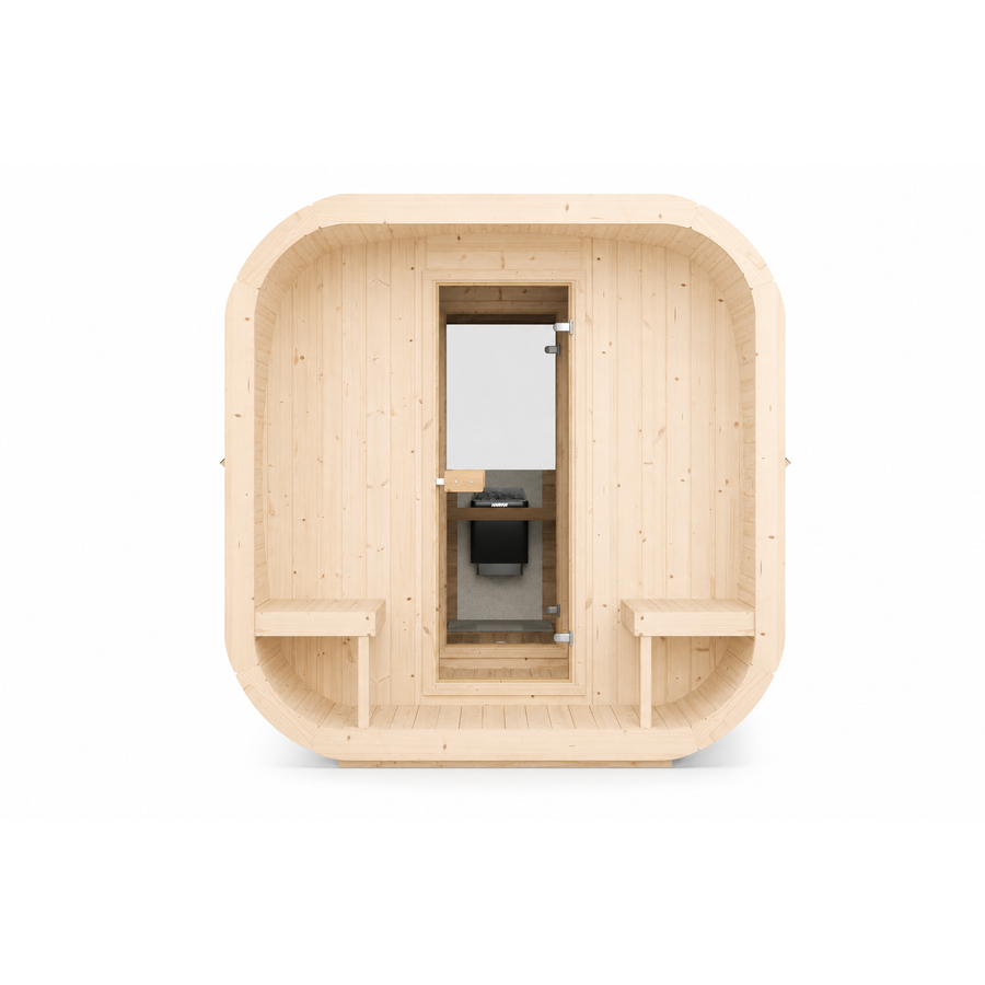 Cube Sauna Icon 385 XL — Largest Spruce Cube Sauna, 3.85m — spruce — front view 3