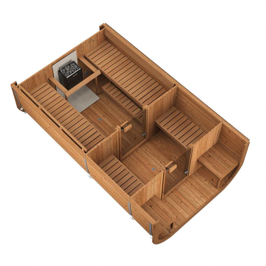 Cube Sauna Icon 385 XL — Largest Thermowood Cube Sauna, 3.85m — thermowood — angle view 1