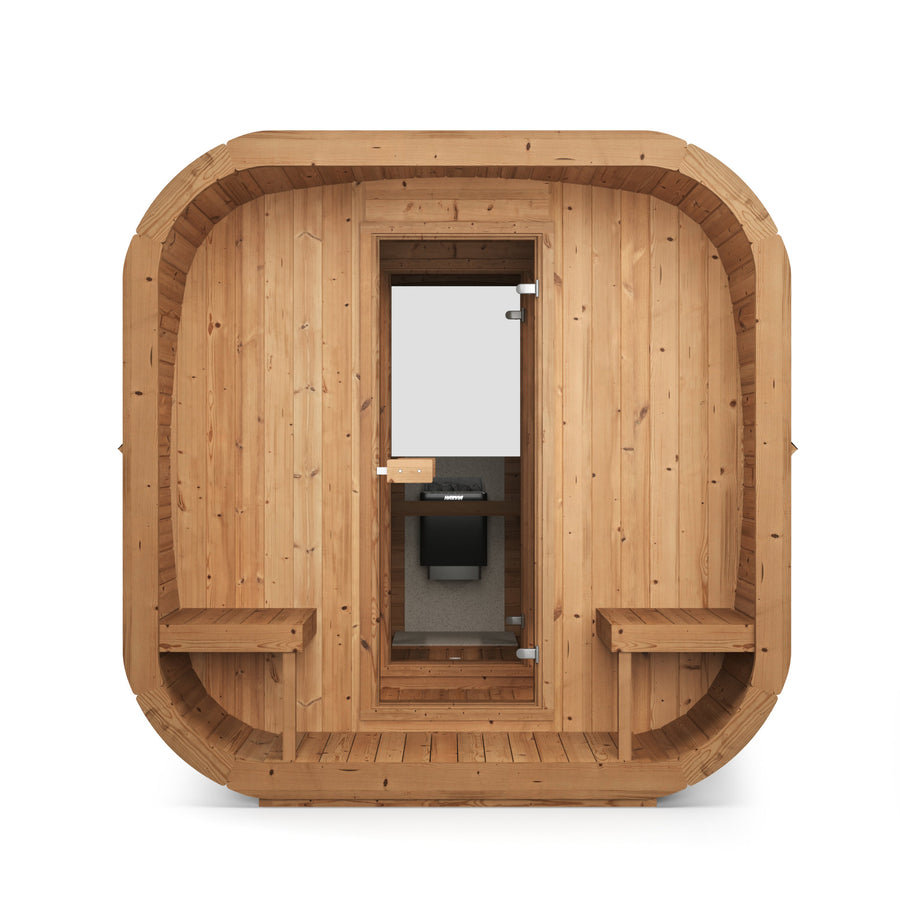 Cube Sauna Icon 385 XL — Largest Thermowood Cube Sauna, 3.85m — thermowood — front view 1
