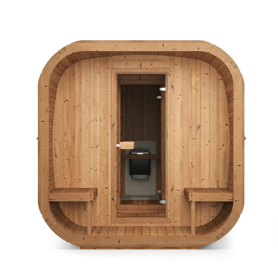 Cube Sauna Icon 385 XL — Largest Thermowood Cube Sauna, 3.85m — thermowood — front view 2