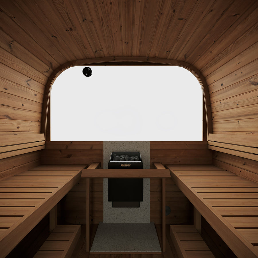 Cube Sauna Icon 385 XL — Largest Thermowood Cube Sauna, 3.85m — thermowood — side view 2