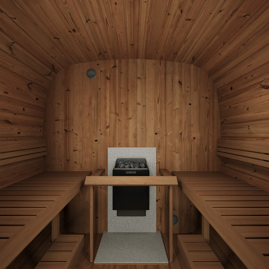 Cube Sauna Icon 385 XL — Largest Thermowood Cube Sauna, 3.85m — thermowood — side view 3