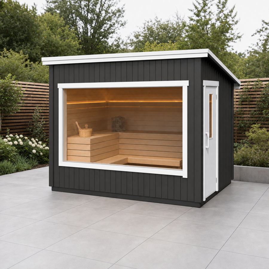 Modular Outdoor Sauna Kalle — 4–5 Person Painted Spruce Insulated Sauna, Factory-Built, 4.9m²
