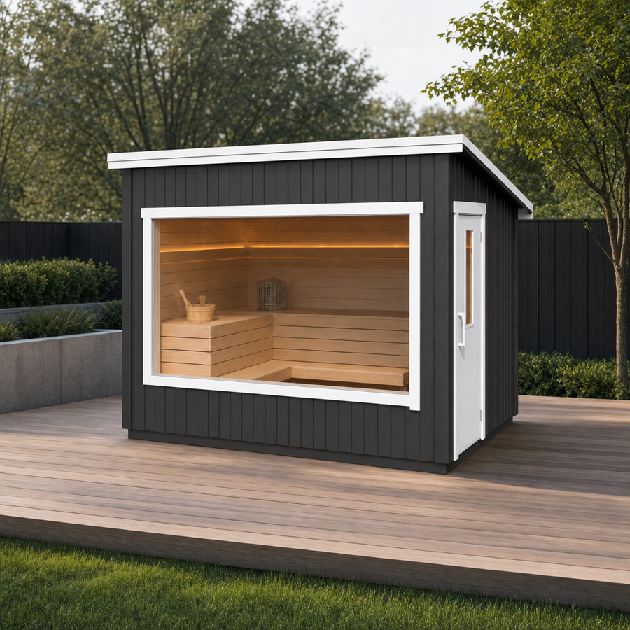 Modular Outdoor Sauna Kalle — 4–5 Person Painted Spruce Insulated Sauna, Factory-Built, 4.9m²