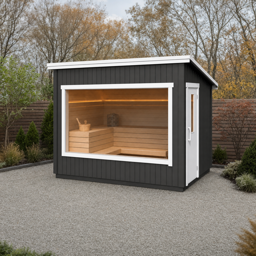 Modular Outdoor Sauna Kalle — 4–5 Person Painted Spruce Insulated Sauna, Factory-Built, 4.9m²