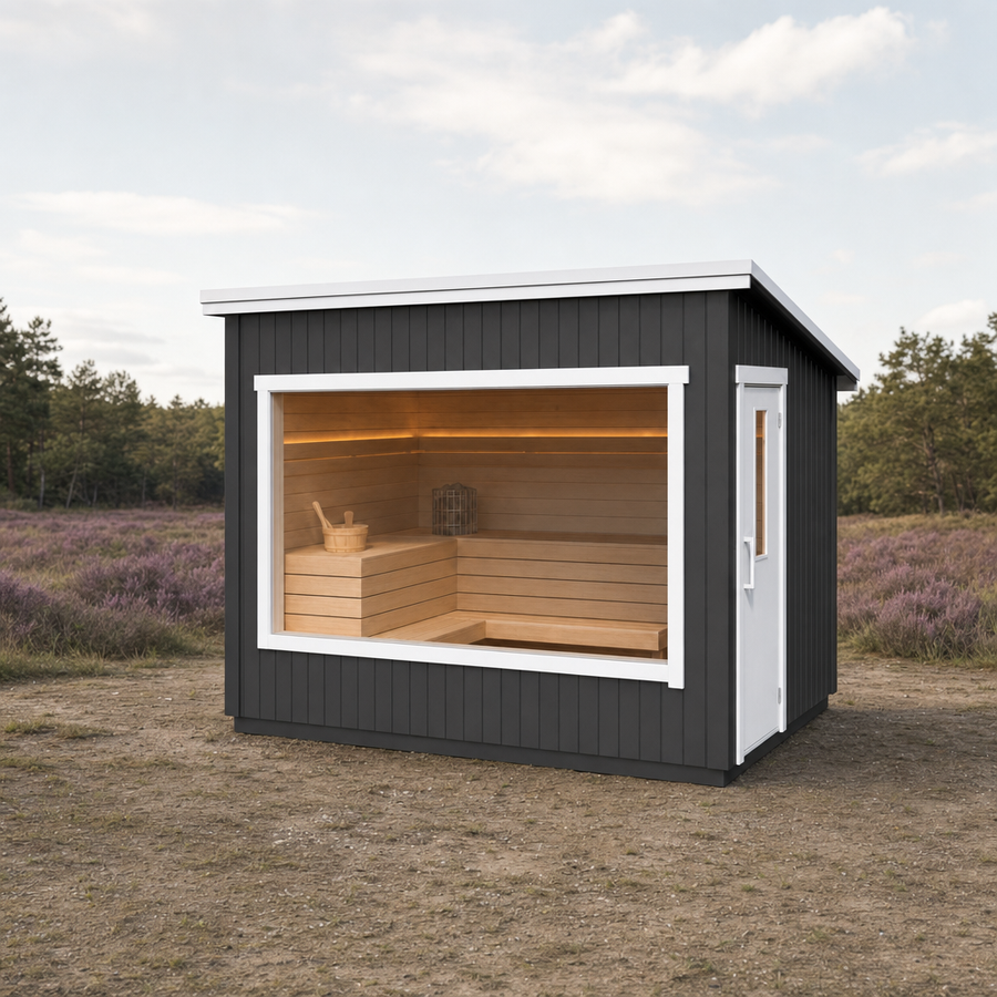 Modular Outdoor Sauna Kalle — Painted Black Spruce Cabin, 4.9m² — painted — lifestyle
