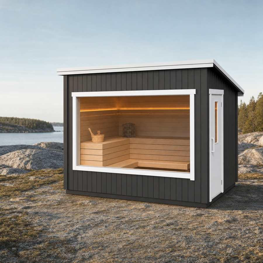 Modular Outdoor Sauna Kalle — Painted Black Spruce Cabin, 4.9m² — painted — lifestyle