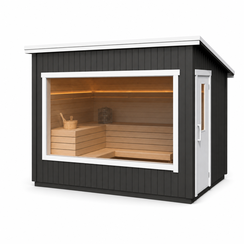 Modular Outdoor Sauna Kalle — Painted Black Spruce Cabin, 4.9m² — painted — angle view 1
