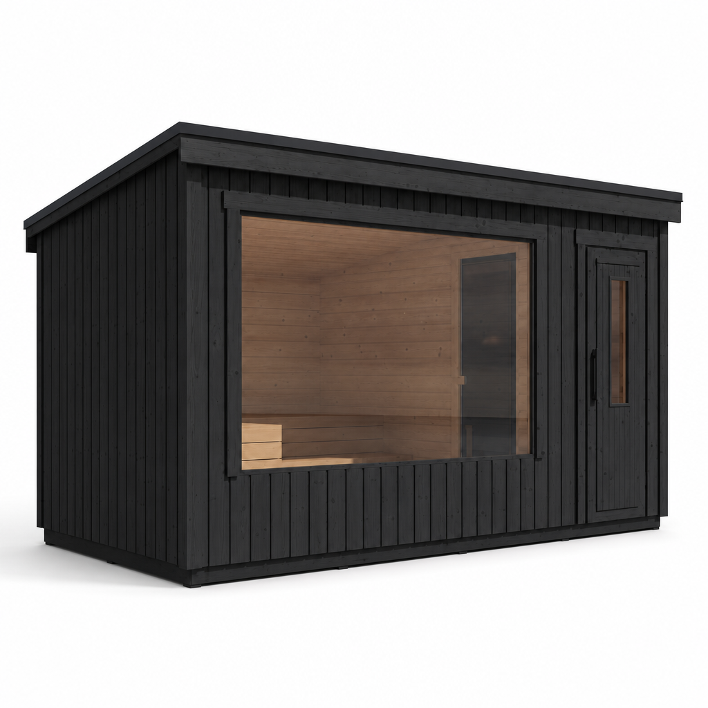 Modular Outdoor Sauna Kalle L — Painted Black Spruce, 7.6m² — painted — angle view 1