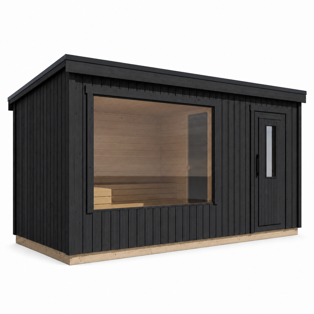 Modular Outdoor Sauna Kalle XL — Painted Black Spruce, 10.7m² — painted — angle view 1