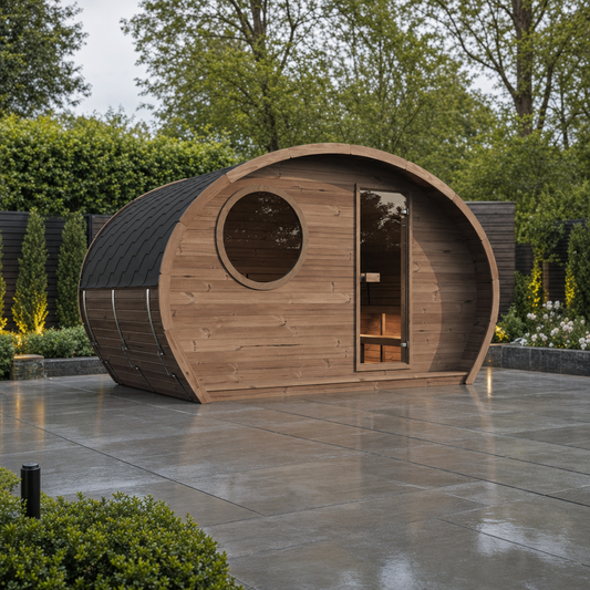 Oval Sauna Frodo 240 XL Room — 5–6 Person Thermowood Garden Sauna, Glass Door & Round Window, 4 × 2.4m