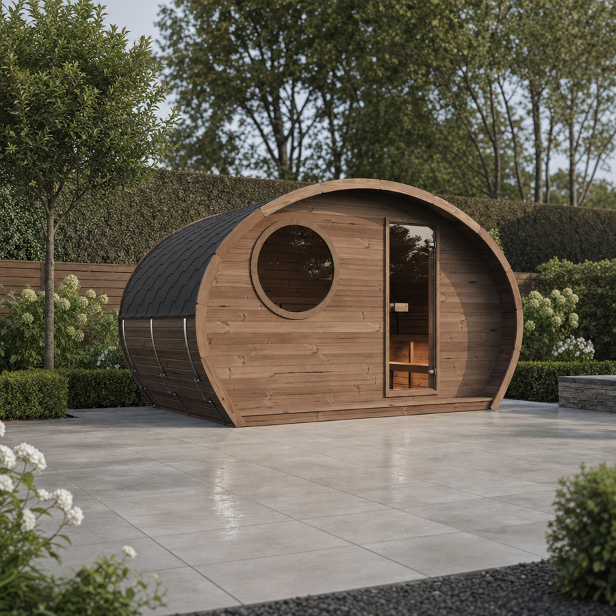 Oval Sauna Frodo 240 XL Room — 5–6 Person Thermowood Garden Sauna, Glass Door & Round Window, 4 × 2.4m