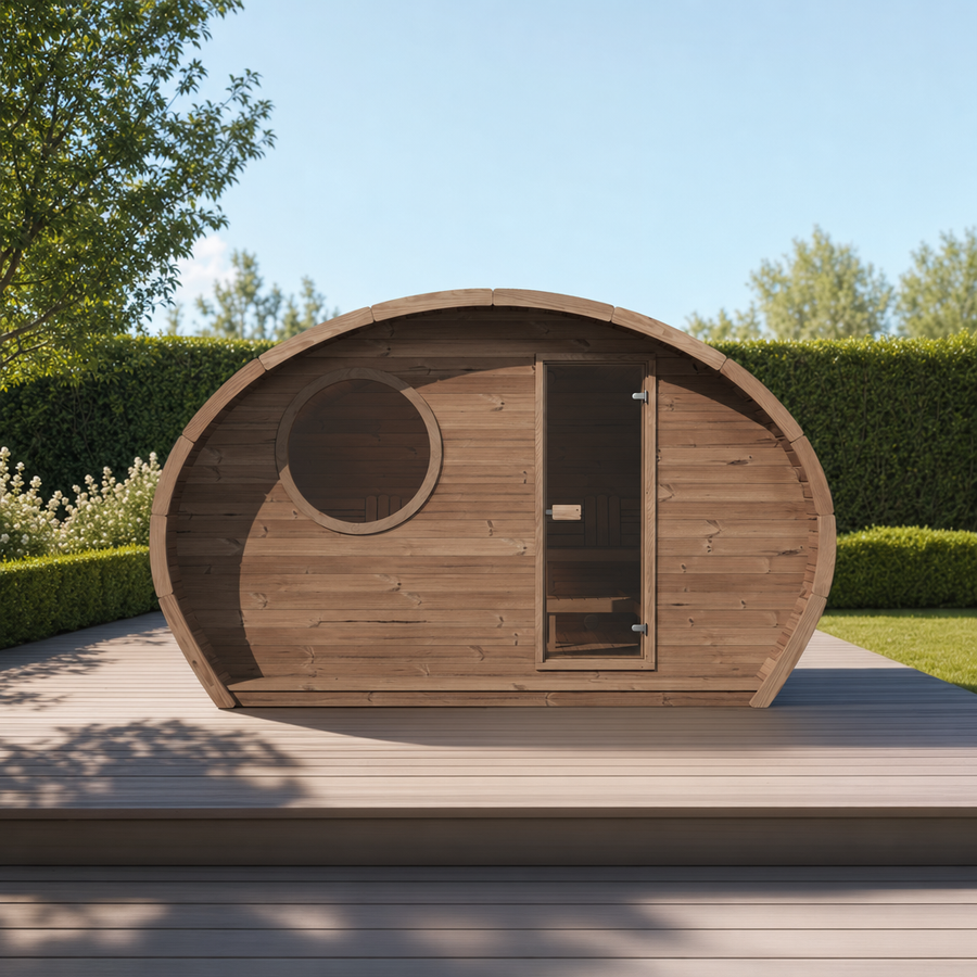 Oval Sauna Frodo 240 XL Room — 5–6 Person Thermowood Garden Sauna, Glass Door & Round Window, 4 × 2.4m