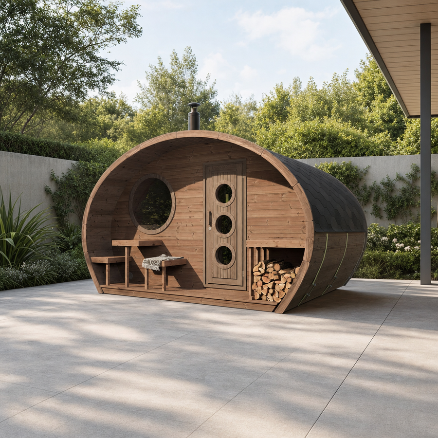 Oval Sauna Frodo 300 — 6–7 Person Thermowood Garden Sauna, Round Window & Firewood Storage, 4 × 3m