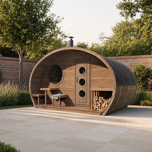 Oval Sauna Frodo 300 — 6–7 Person Thermowood Garden Sauna, Round Window & Firewood Storage, 4 × 3m