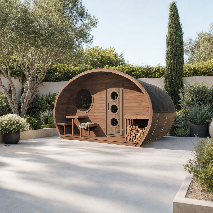 Oval Sauna Frodo 300 — 6–7 Person Thermowood Garden Sauna, Round Window & Firewood Storage, 4 × 3m
