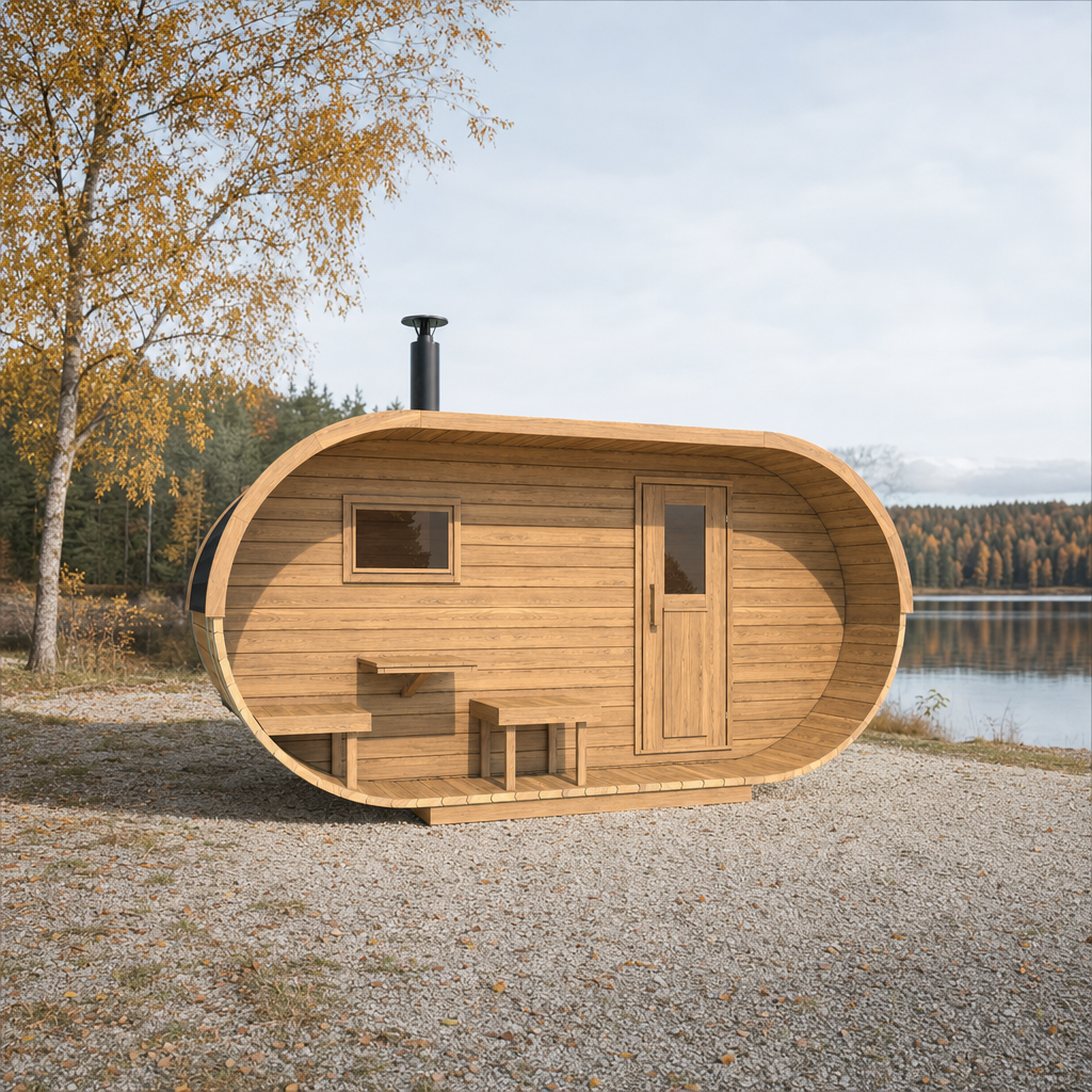 Oval Sauna Standard — 5–6 Person Thermowood Garden Sauna, Dual Entrance Doors, 4 × 2.4m