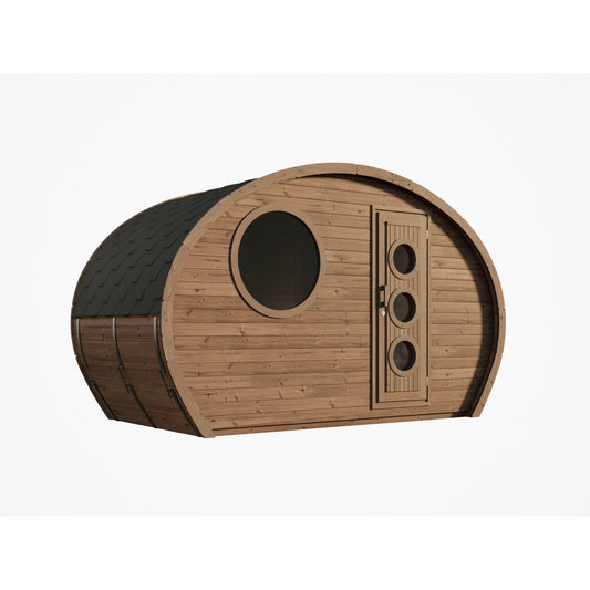 Oval Sauna Frodo 195 — Compact Thermowood Sauna for Tighter Gardens — thermowood — angle view 1