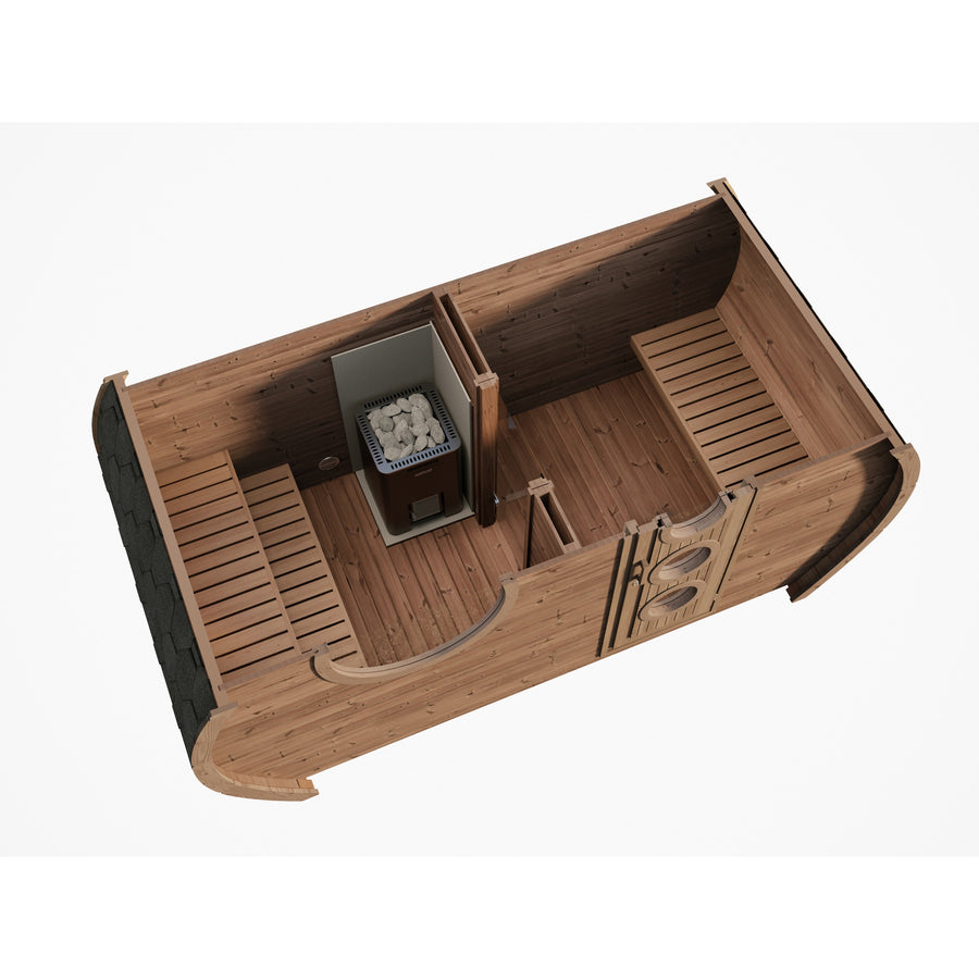 Oval Sauna Frodo 195 — Compact Thermowood Sauna for Tighter Gardens — thermowood — side view 1