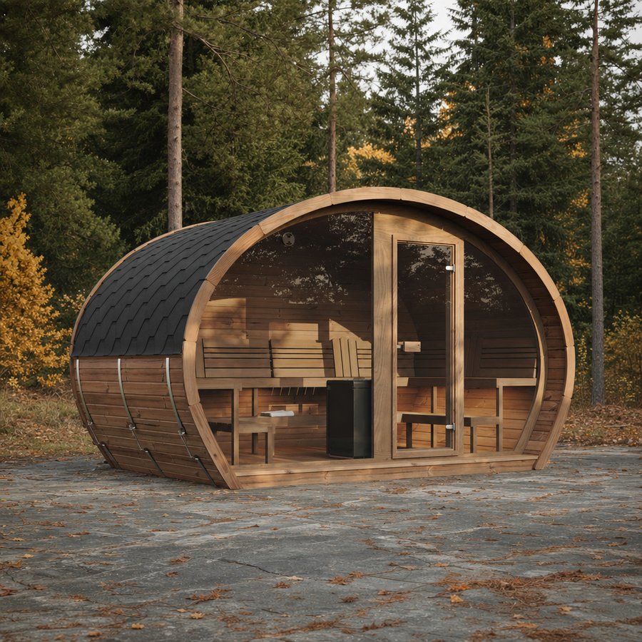 Oval Sauna Frodo 240 XL Room — Full Front Glass Thermowood, Single Room — lifestyle