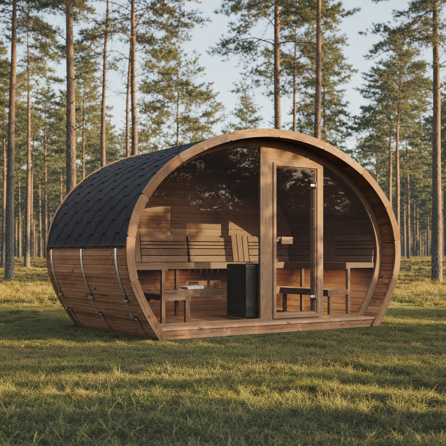 Oval Sauna Frodo 240 XL Room — Full Front Glass Thermowood, Single Room — lifestyle