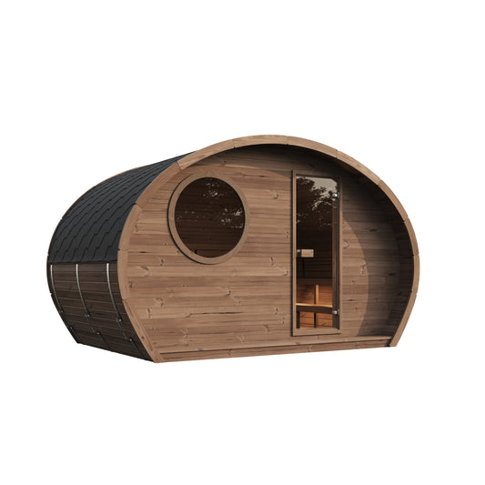 Oval Sauna Frodo 240 XL Room — Glass Door & Round Window Thermowood — thermowood — angle view 1