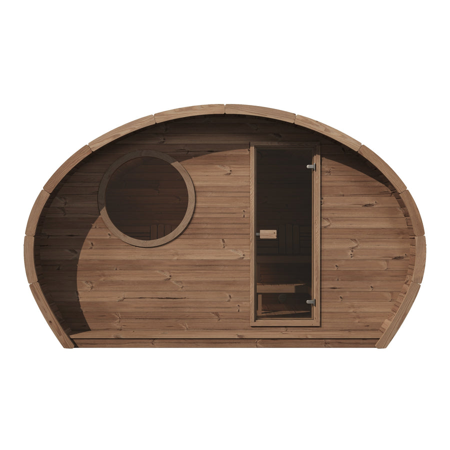 Oval Sauna Frodo 240 XL Room — Glass Door & Round Window Thermowood — thermowood — front view 1