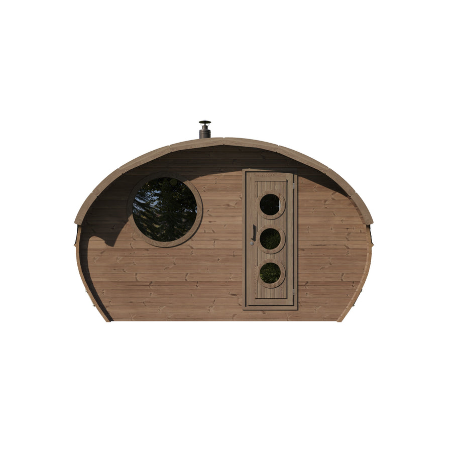 Oval Sauna Frodo 240 — Standard Depth Thermowood Garden Sauna — thermowood — front view 1
