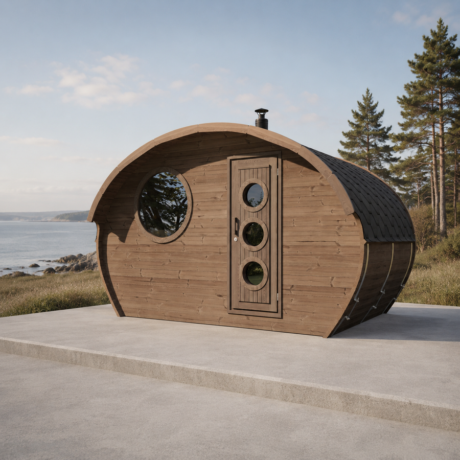 Oval Sauna Frodo 240 — 5–6 Person Thermowood Garden Sauna, Round Window & Porthole Door, 4 × 2.4m