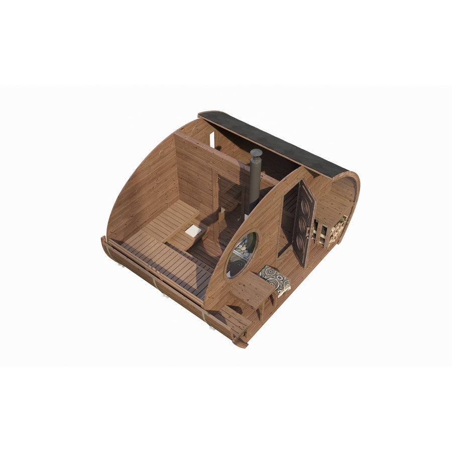 Oval Sauna Frodo 300 — Deeper Thermowood Sauna for Group Sessions — thermowood — side view 1