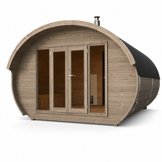 Oval Sauna Frodo 500 — 3 Room Thermowood Sauna, Deepest Frodo 4x5m — thermowood — angle view 1