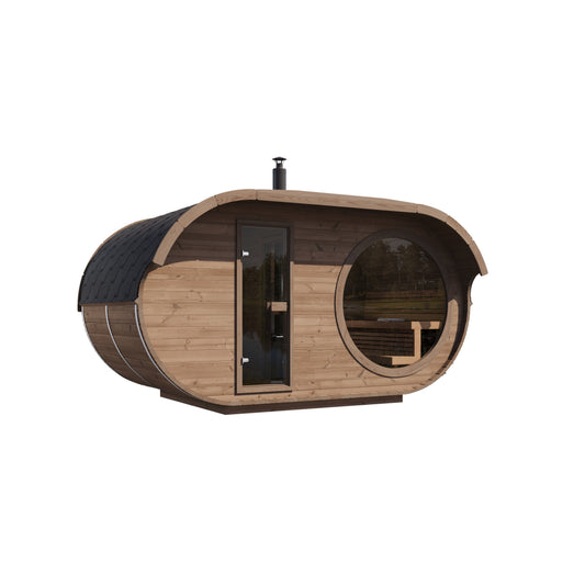 Oval Sauna Raiki — Thermowood Garden Sauna, Distinctive Curved Profile — thermowood — angle view 1