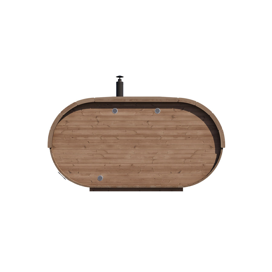 Oval Sauna Raiki — Thermowood Garden Sauna, Distinctive Curved Profile — thermowood — back view 1