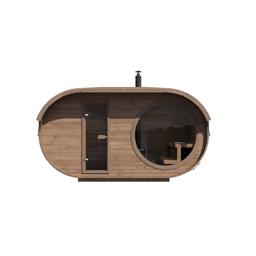Oval Sauna Raiki — Thermowood Garden Sauna, Distinctive Curved Profile — thermowood — front view 1