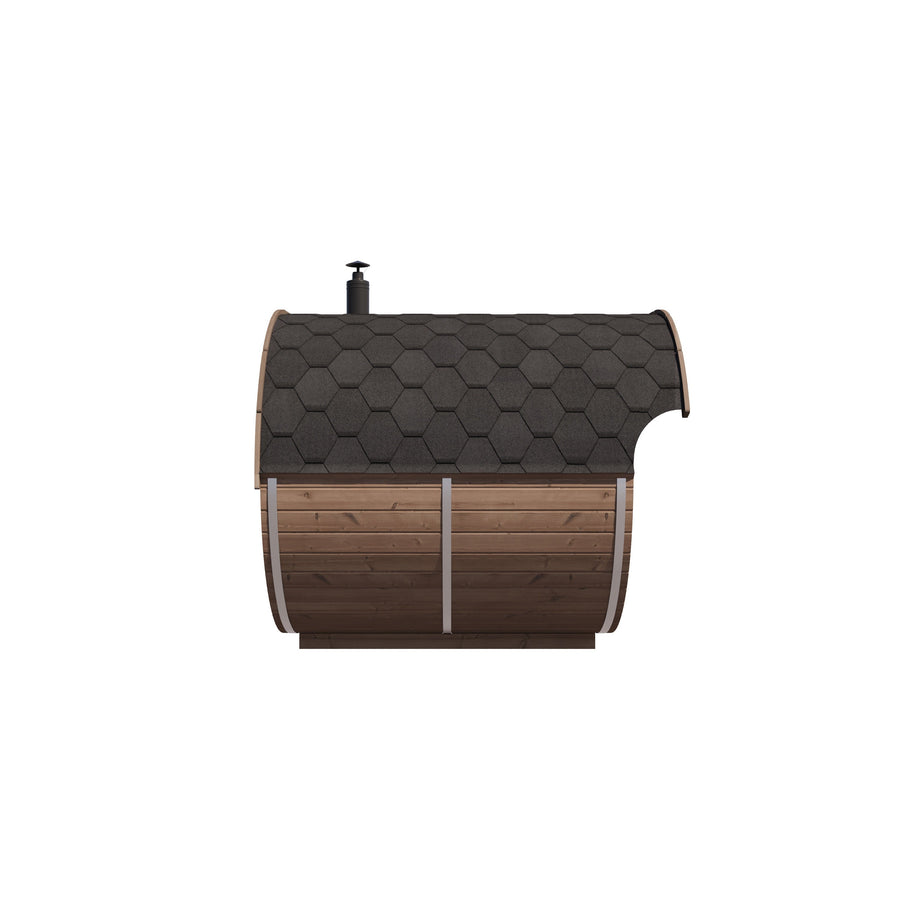 Oval Sauna Raiki — Thermowood Garden Sauna, Distinctive Curved Profile — thermowood — side view 1