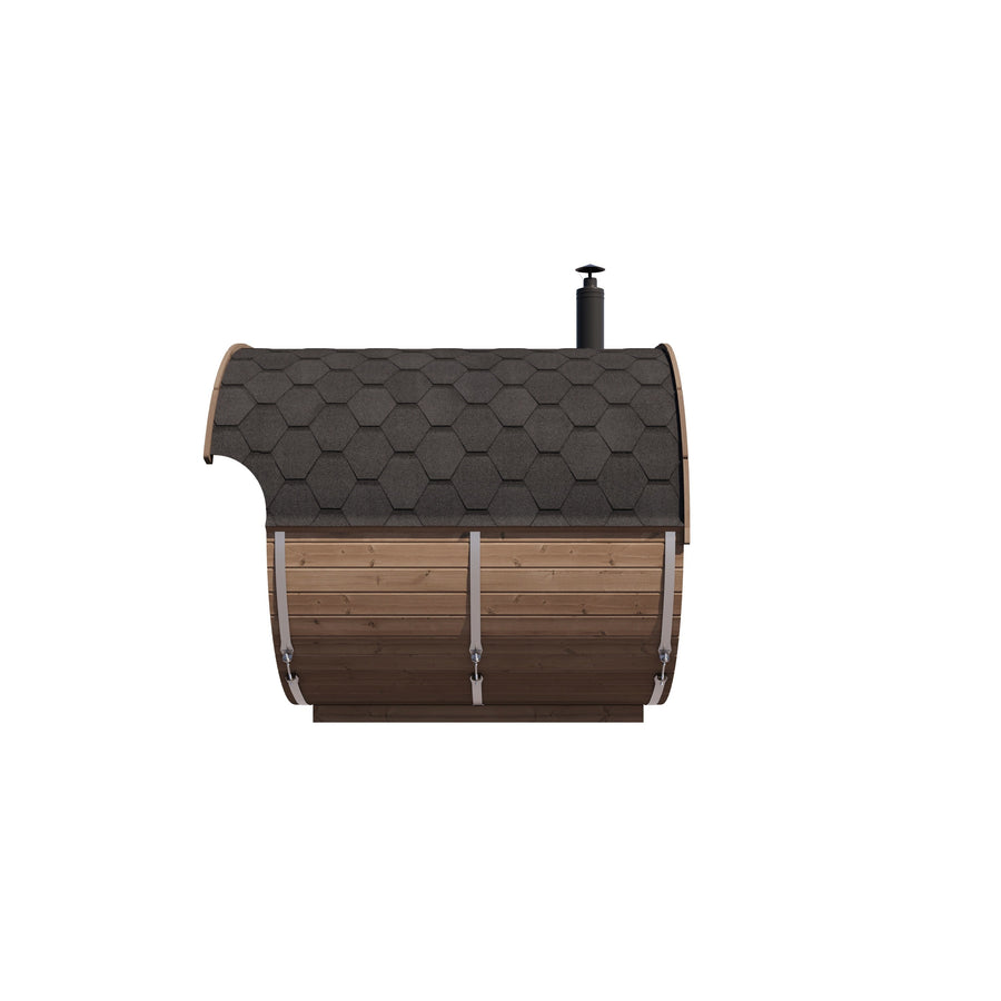Oval Sauna Raiki — Thermowood Garden Sauna, Distinctive Curved Profile — thermowood — side view 2