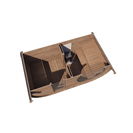 Oval Sauna Raiki — Thermowood Garden Sauna, Distinctive Curved Profile — thermowood — side view 3