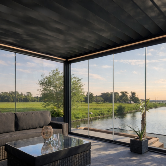 Modern outdoor living space with large glass walls overlooking a scenic landscape.