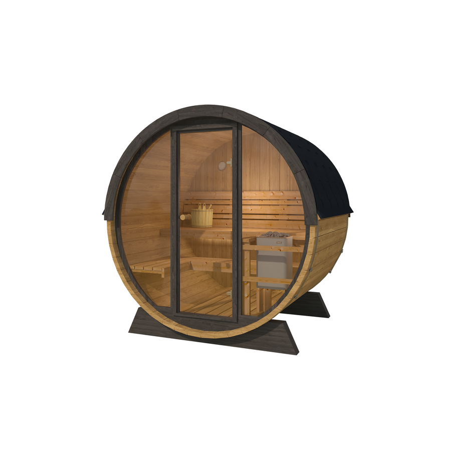 Pool Sauna — Full Front Glass Thermowood Barrel Sauna for Poolside — thermowood — angle view 1