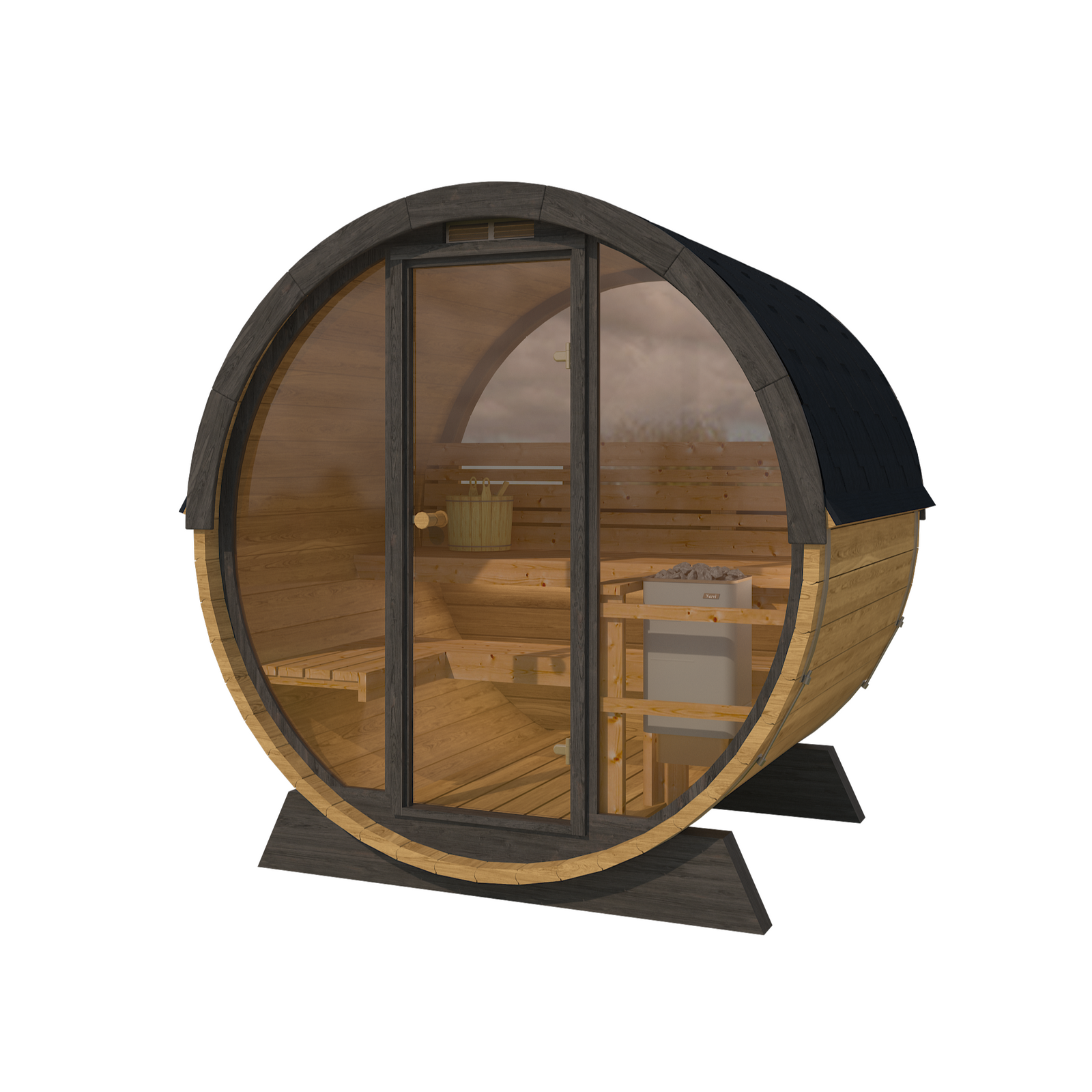 Pool Sauna — Full Front Glass Thermowood Barrel Sauna for Poolside — thermowood — angle view 2