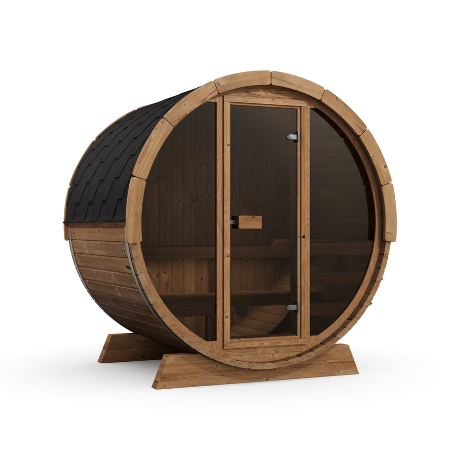 Pool Sauna — Full Front Glass Thermowood Barrel Sauna for Poolside — thermowood — angle view 2