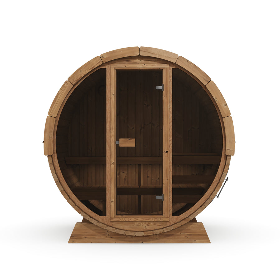 Pool Sauna — Full Front Glass Thermowood Barrel Sauna for Poolside — thermowood — front view 1