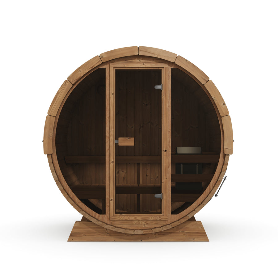 Pool Sauna — Full Front Glass Thermowood Barrel Sauna for Poolside — thermowood — front view 2