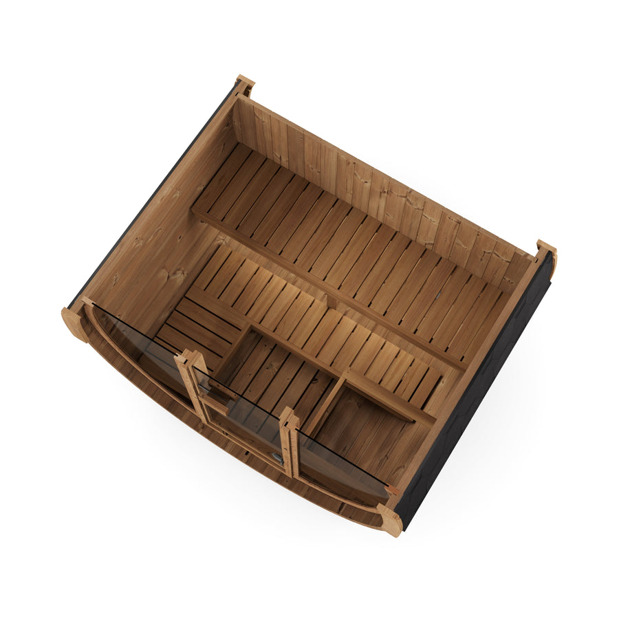 Pool Sauna — Full Front Glass Thermowood Barrel Sauna for Poolside — thermowood — side view 3